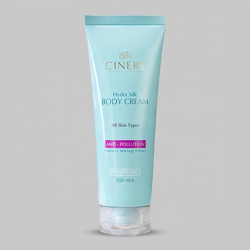 کرم بدن مرطوب کننده سینره مدل Hydra Silk حجم 250 میلیلیتر با محافظت در برابر آلودگی هوا، حاوی پپتیدهای مورینگا، روغن آ..