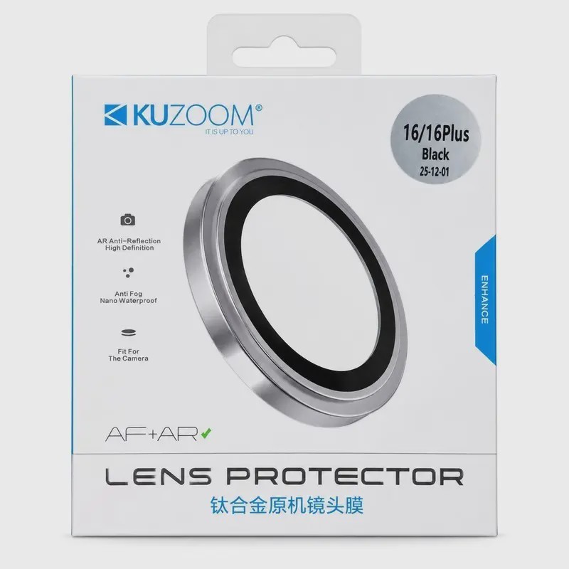 محافظ لنز iPhone 16 - 16 Plus آیفون رینگی فلزی - شیشه ای اورجینال KUZOOM کوزوم دو عددی رنگ مشکی کد G310-140879