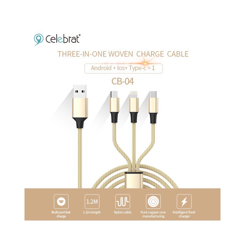 کابل تبدیل USB به لایتنینگUSB-CmicroUSB سلبریت مدل CB-04 طول 1.2 متر
