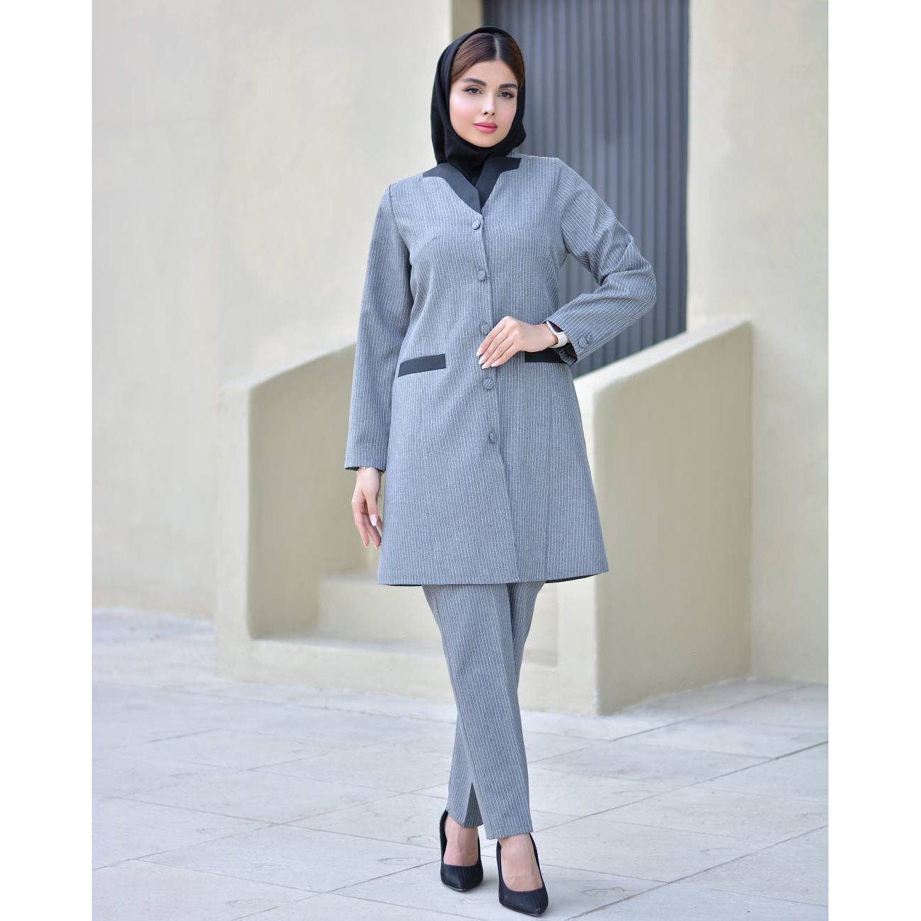 ست مانتو و شلوار اداری رخساره دیپلمات پرشیا با کیفیت عالی در رنگ بندی و سایز بندی کد 4703 آمیگ