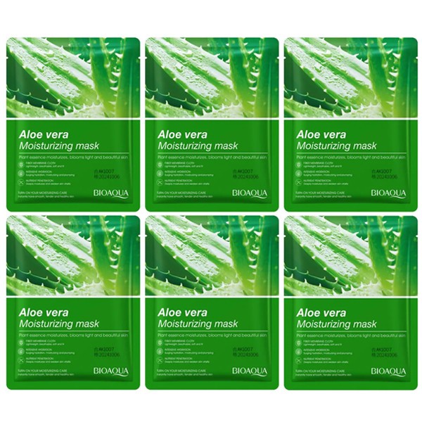 ماسک صورت بایو آکوا مدل Aloe Vera آرامش بخش و مرطوب کننده حجم 25 میلی لیتر مجموعه 6 عددی