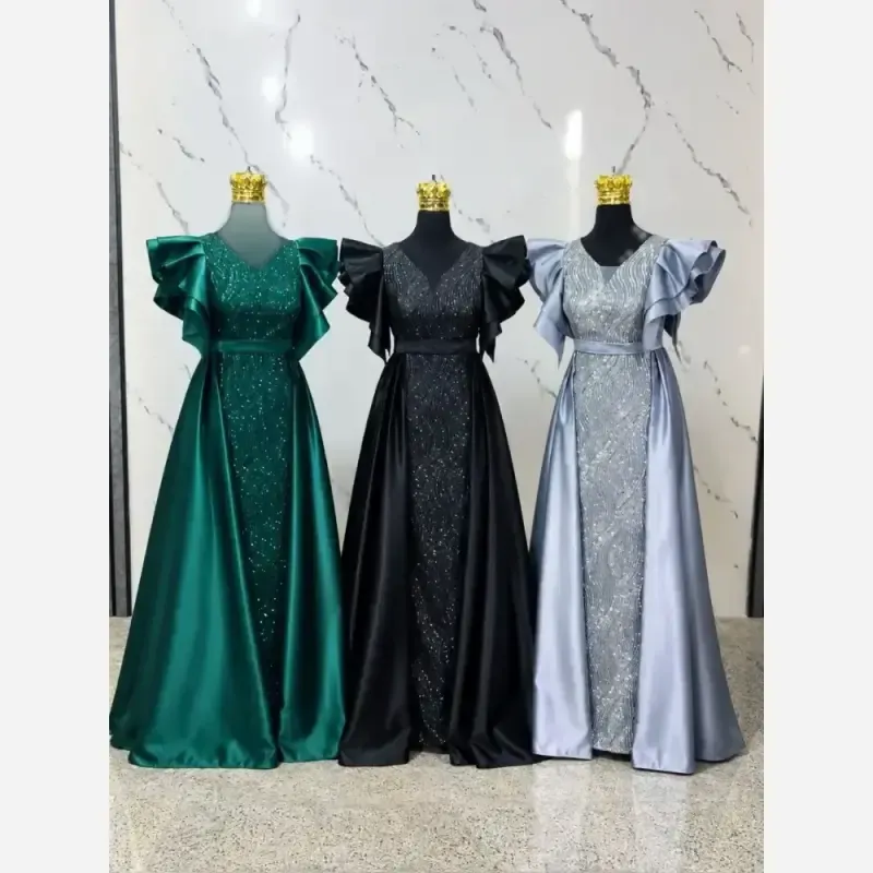 پیراهن مجلسی سیندرلا شاین برجسته ساتن آمریکایی مشکی سبز نقره ای سایز 38 تا 48