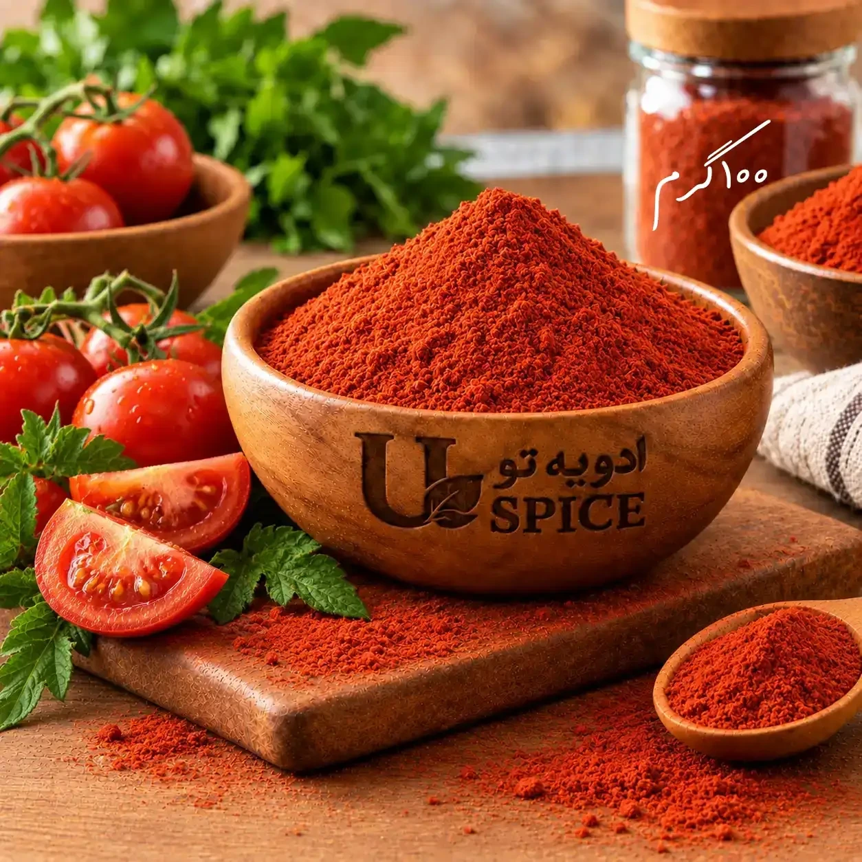 پودر گوجه 100 گرم باکیفیت برای تهیه انواع سس، سوپ، پاستا، پیتزا و غذاهای مختلف.