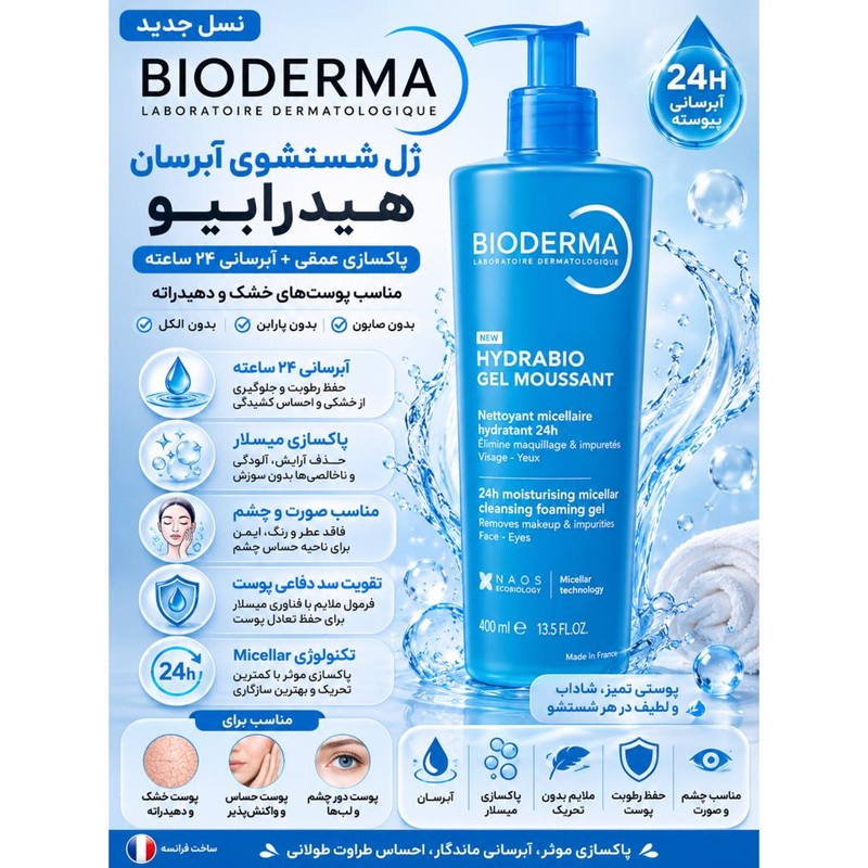 ژل شست وشوی صورت بایودرما مدل Hydrabio Gel Moussant مناسب برای انواع پوست حجم 400 میلی لیتر