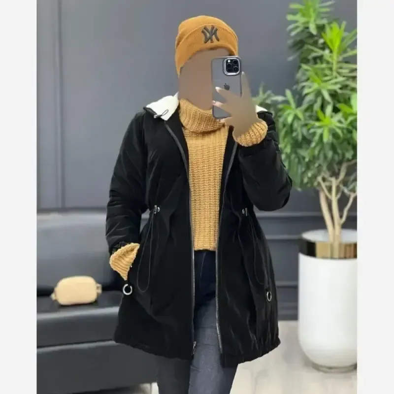 کاپشن زنانه سیلیکونی داخل ببعی کلاهدار رنگ مشکی سایز فری 38 تا 46