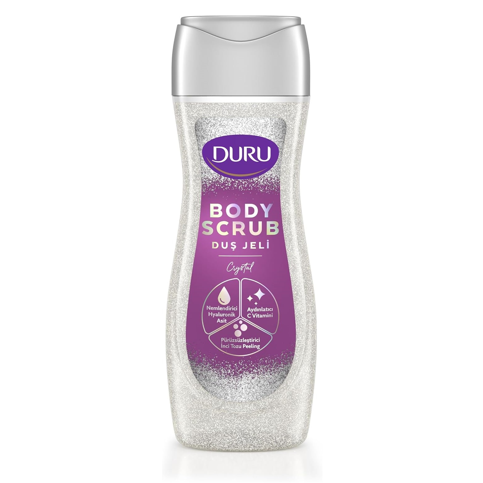 ژل دوش اسکراب لایهبردار و روشنکننده دورو Duru Body Scrub Crystal حاوی هیالورونیک اسید و ویتامین C حجم 450 میل