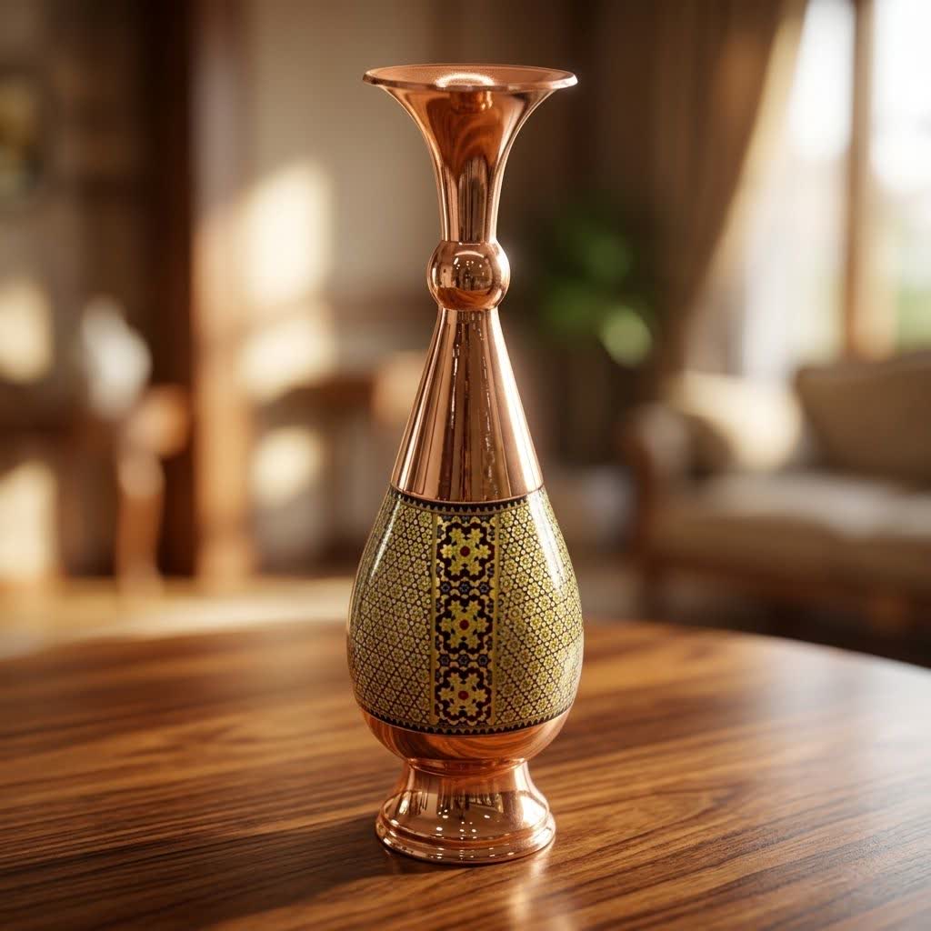 گلدان صراحی مس و خاتم کاری شالدار 30 سانت