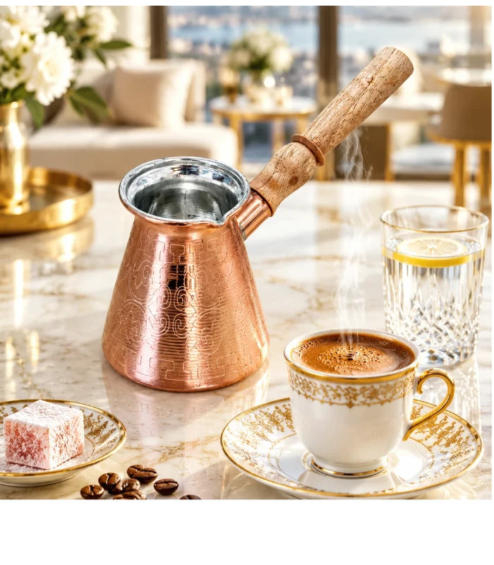 قهوه جوش مسی دستساز (جذوه) سایز کوچک دسته چوبیجدید
