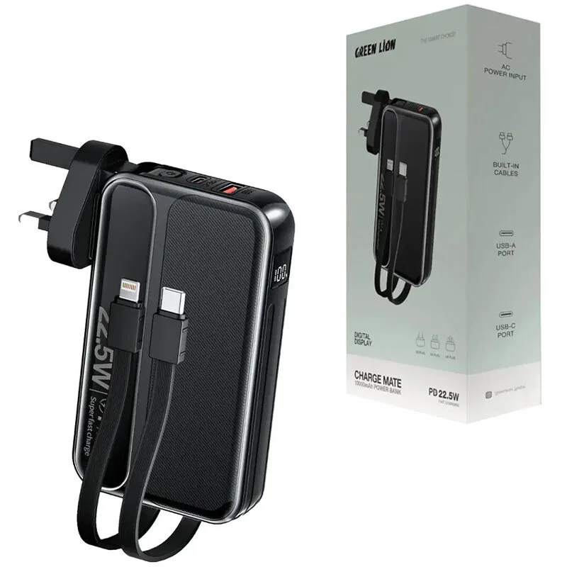 شارژر دیواری و پاور بانک فست شارژ گرین لاین Charge Mate GL-PBX5 PD QC 22.5W ظرفیت 10000 میلی آمپر ساعت