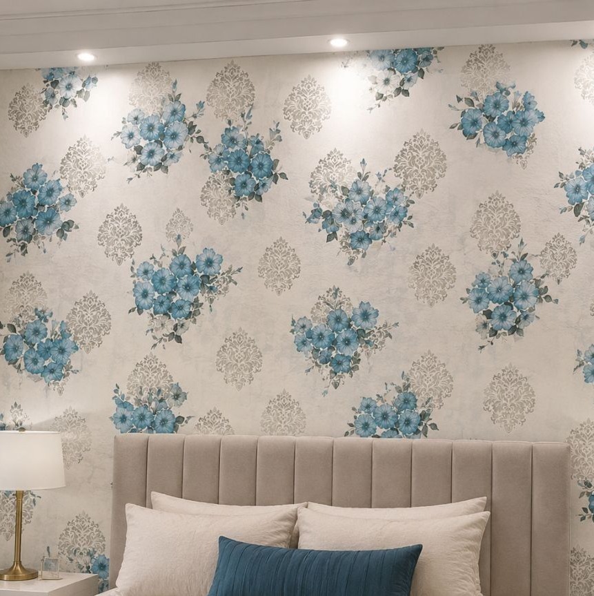 کاغذ دیواری گلدار سبز آبی کد 761285