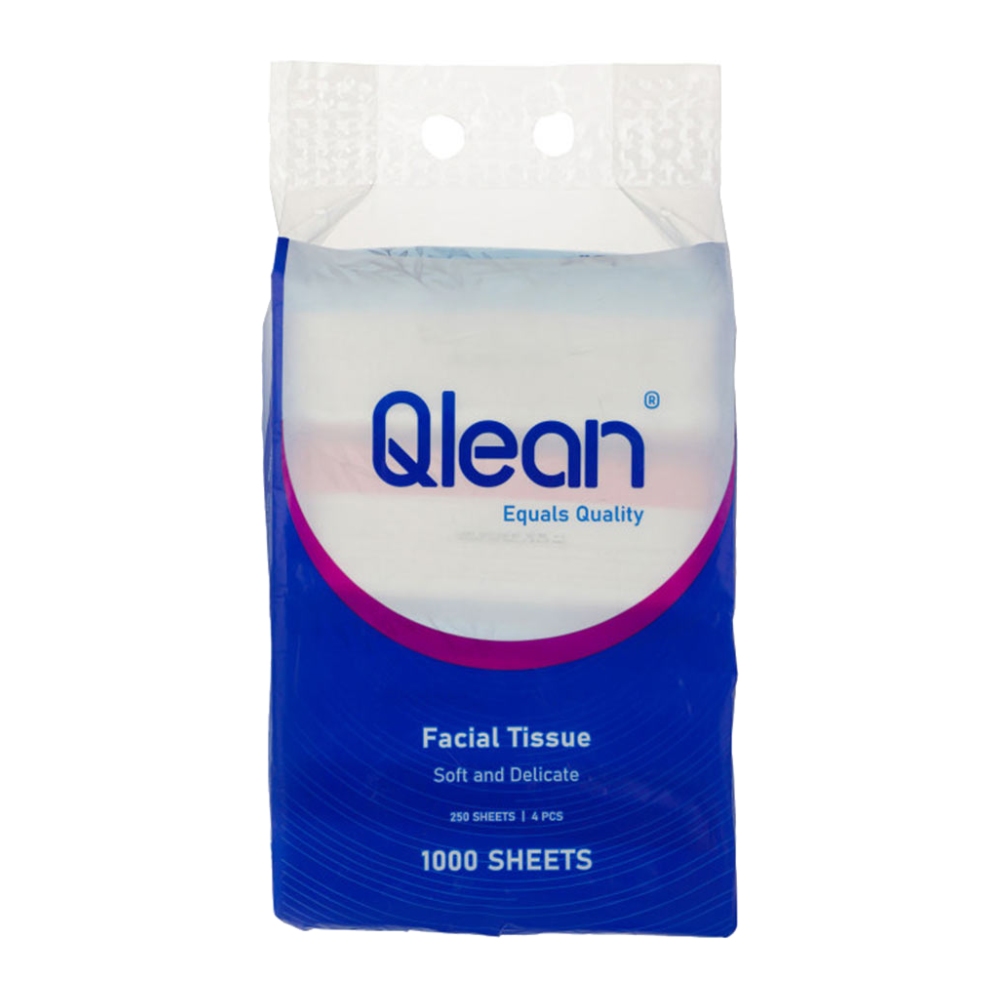دستمال کاغذی کیسه ای کیولین Qlean مدل دو لایه پک چهار تایی بسته 250 عددی