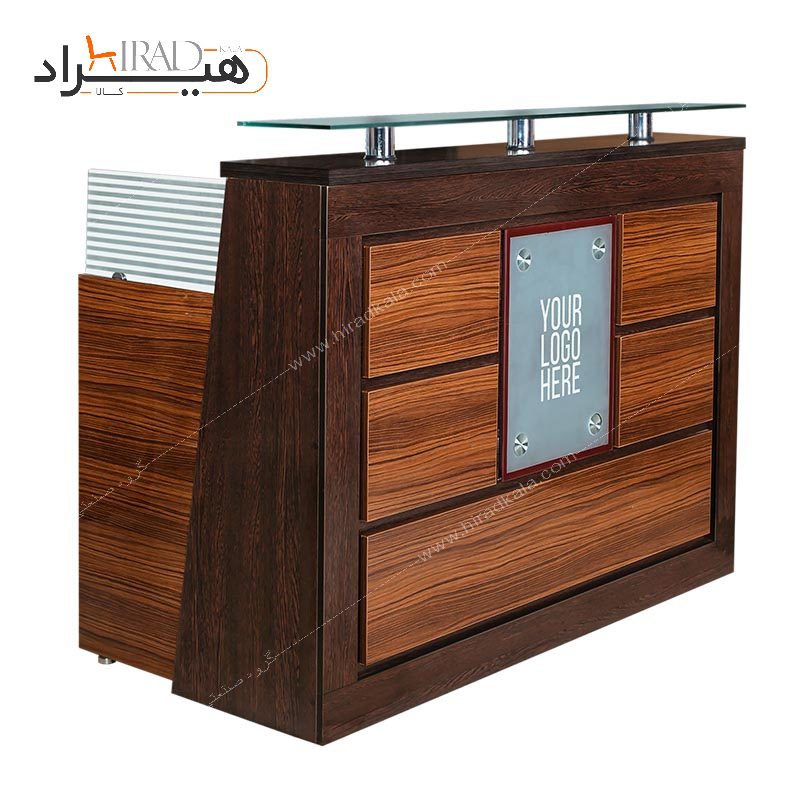 میز کانتر پذیرش چوبی صفحه شیشه ای لوگودار هیراد مدل C215
