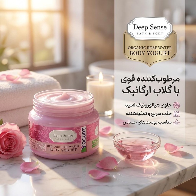 کرم ژل بدن دیپ سنس مدل گلاب حجم 250 میلیلیتر با هیالورونیک اسید و گلاب ارگانیک، مرطوبکننده قوی، مناسب پوستهای حساس، ج...
