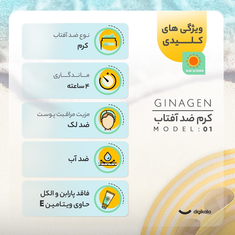 کرم ضد آفتاب رنگی ژیناژن، SPF 50، مدل 01، مناسب پوستهای خشک و نرمال با تنالیته متوسط و حجم 50 میلیلیتر، ضد آب، فاقد پ...