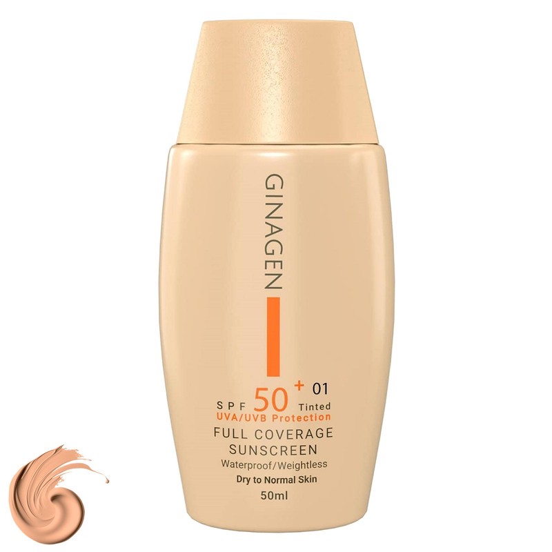 کرم ضد آفتاب رنگی ژیناژن، SPF 50، مدل 01، مناسب پوستهای خشک و نرمال با تنالیته متوسط و حجم 50 میلیلیتر، ضد آب، فاقد پ...