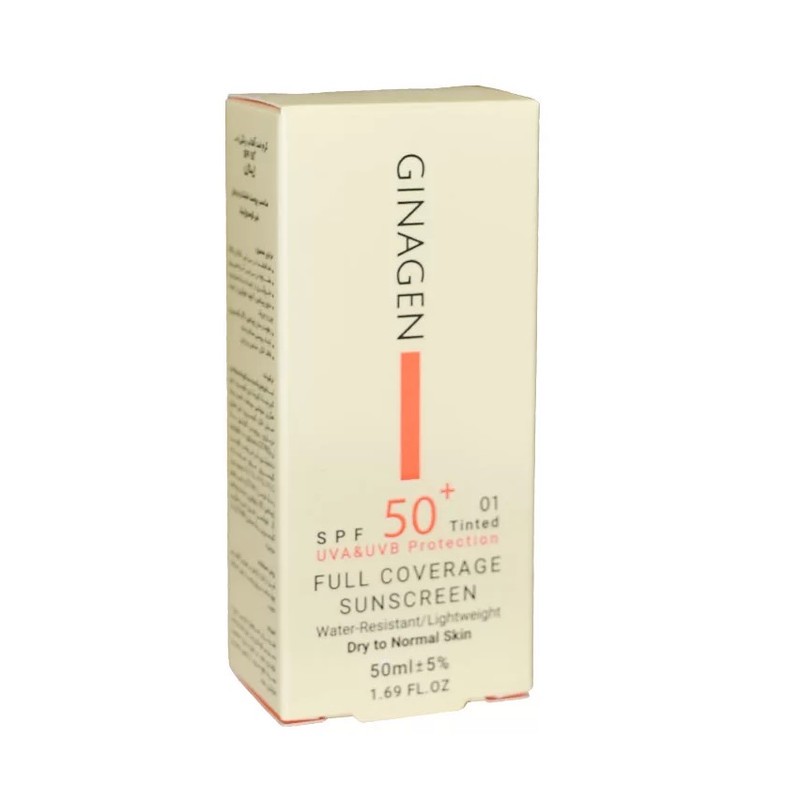 کرم ضد آفتاب رنگی ژیناژن، SPF 50، مدل 01، مناسب پوستهای خشک و نرمال با تنالیته متوسط و حجم 50 میلیلیتر، ضد آب، فاقد پ...