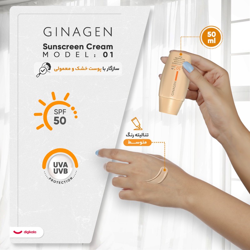 کرم ضد آفتاب رنگی ژیناژن، SPF 50، مدل 01، مناسب پوستهای خشک و نرمال با تنالیته متوسط و حجم 50 میلیلیتر، ضد آب، فاقد پ...