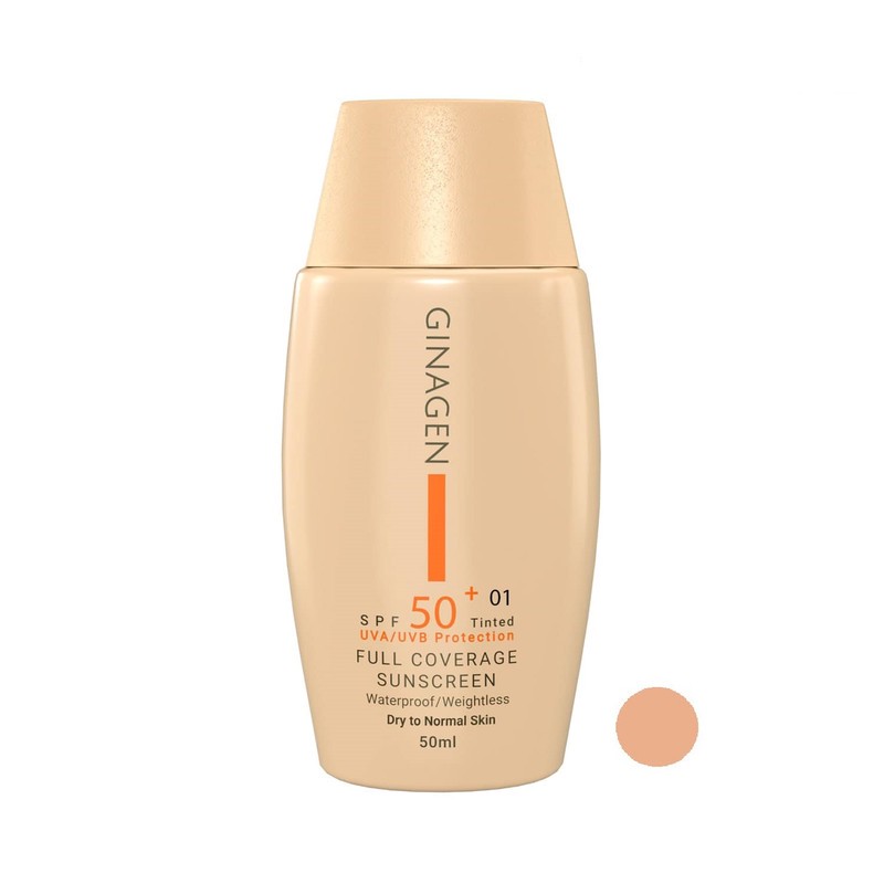 کرم ضد آفتاب رنگی ژیناژن، SPF 50، مدل 01، مناسب پوستهای خشک و نرمال با تنالیته متوسط و حجم 50 میلیلیتر، ضد آب، فاقد پ...