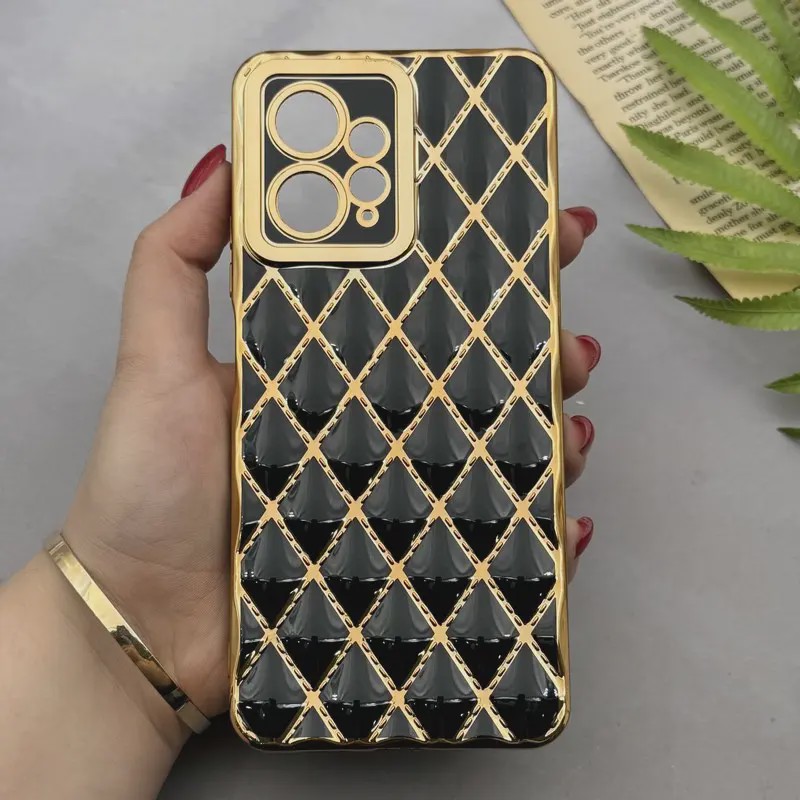 قاب گوشی Redmi Note 12 4G شیائومی ژله ای مای کیس گلد لاین لوزی دور طلایی محافظ لنز دار مشکی کد E18-154247