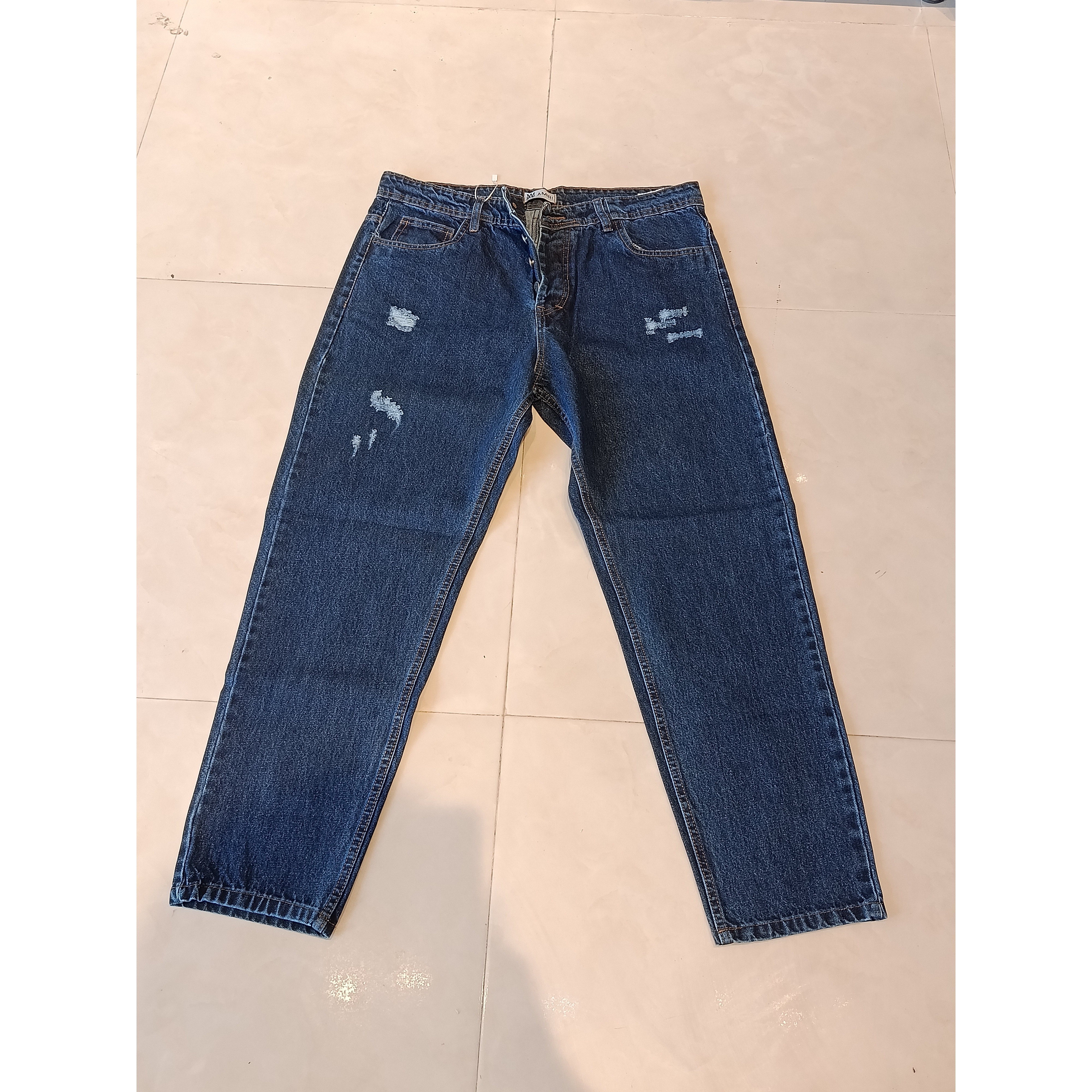 شلوار مام فیت مردانه سرمه ای زاپ دار مدل Men s Dark Blue Distressed Jeans