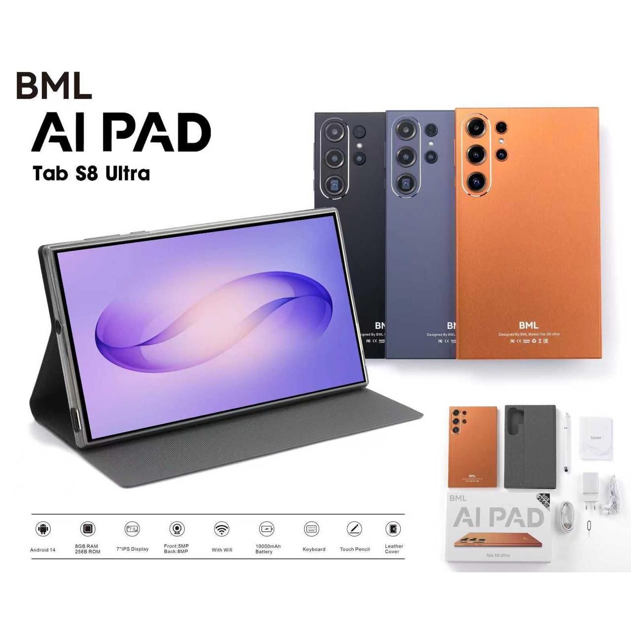 تبلت 2سیم بی ام ال (BML) مدل AI PAD Tab S8 Ultra حافظه 256 گیگابایت رم 8 گیگ اندروید 14 پکیج کامل لوازم جانبی