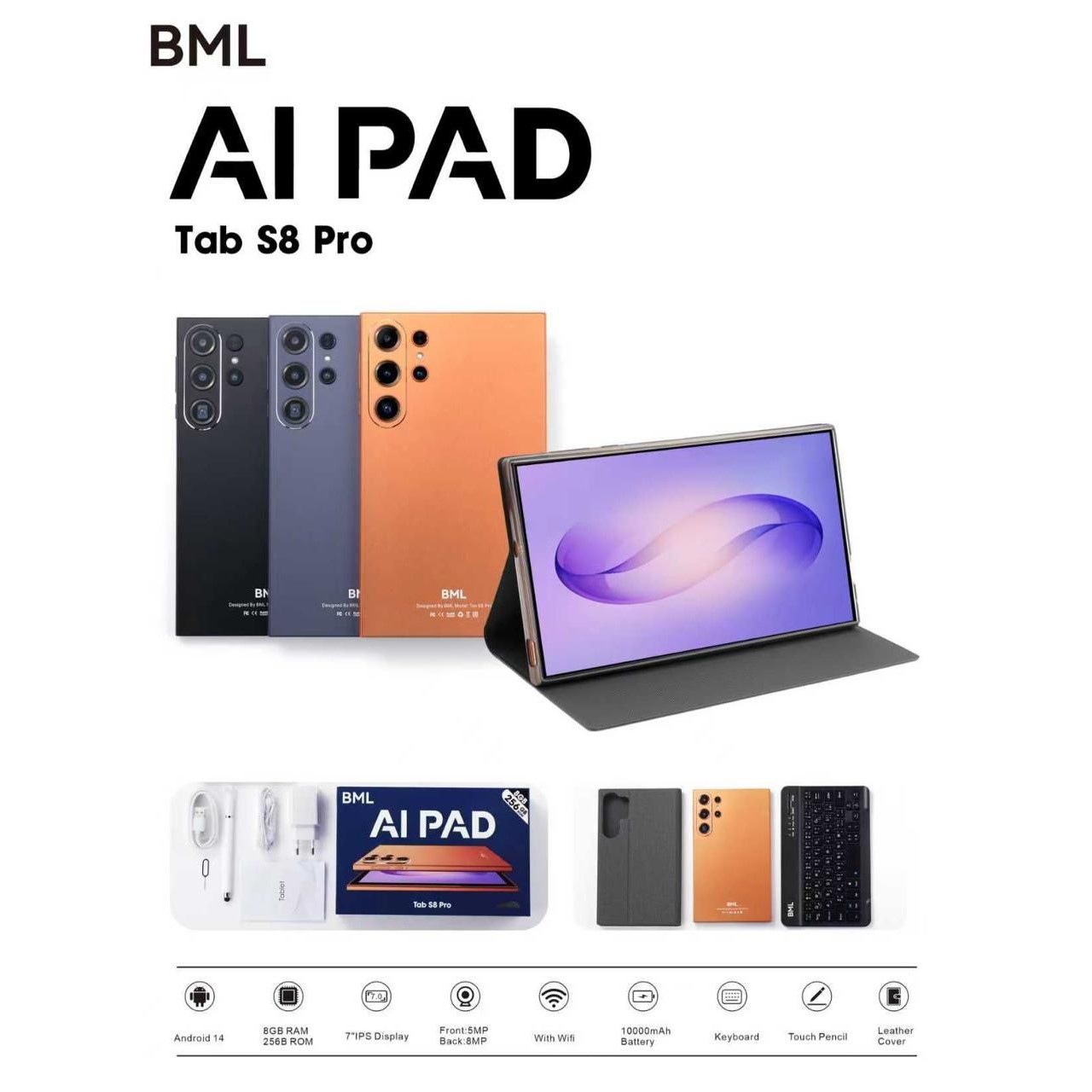 تبلت 2سیم هوشمند BML AI PAD Tab S8 Pro اندروید 14رم 8حافظه 256همراه با کیبرد و قلم 