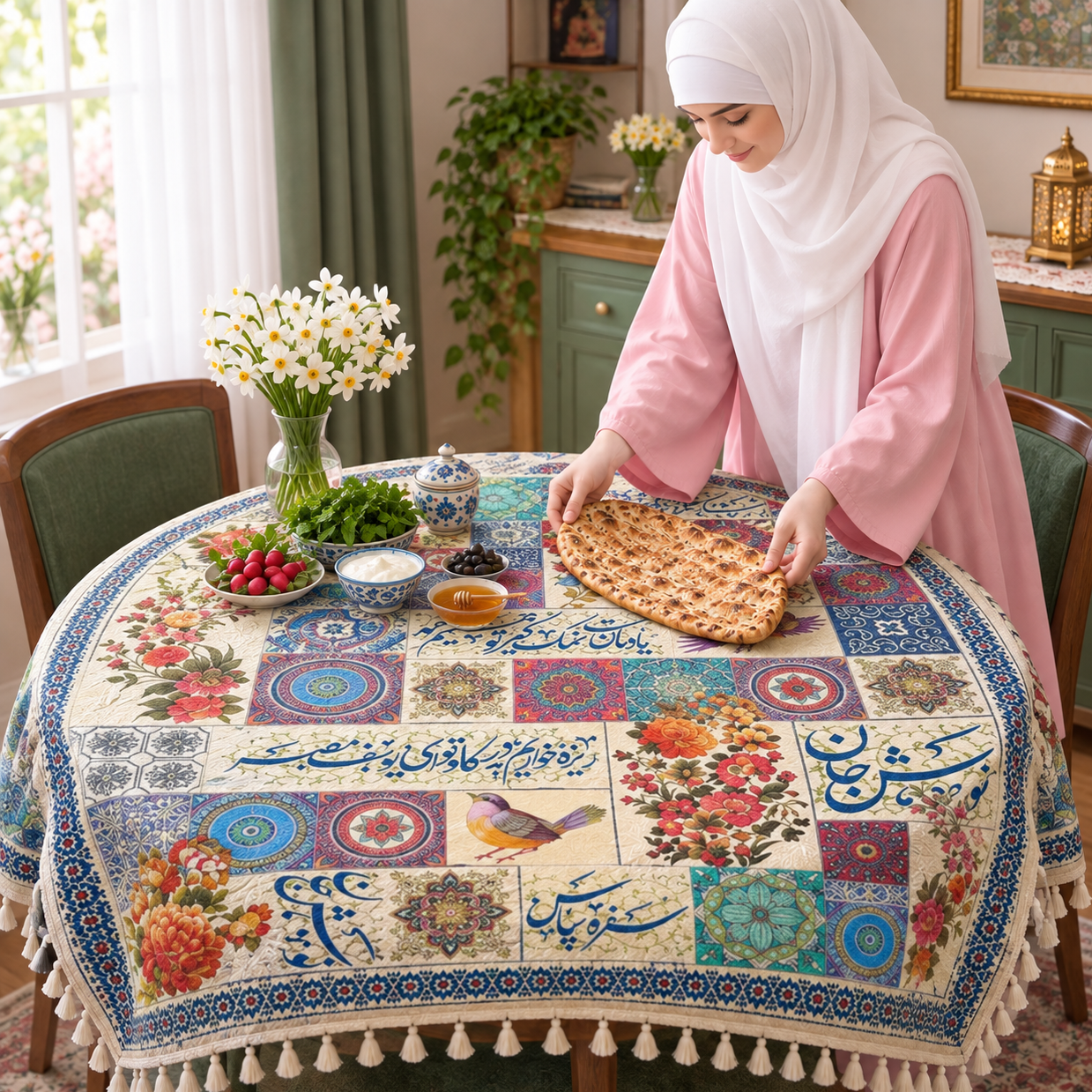 سفره سپاس طرح گلدار 4 نفره در ابعاد 120*120