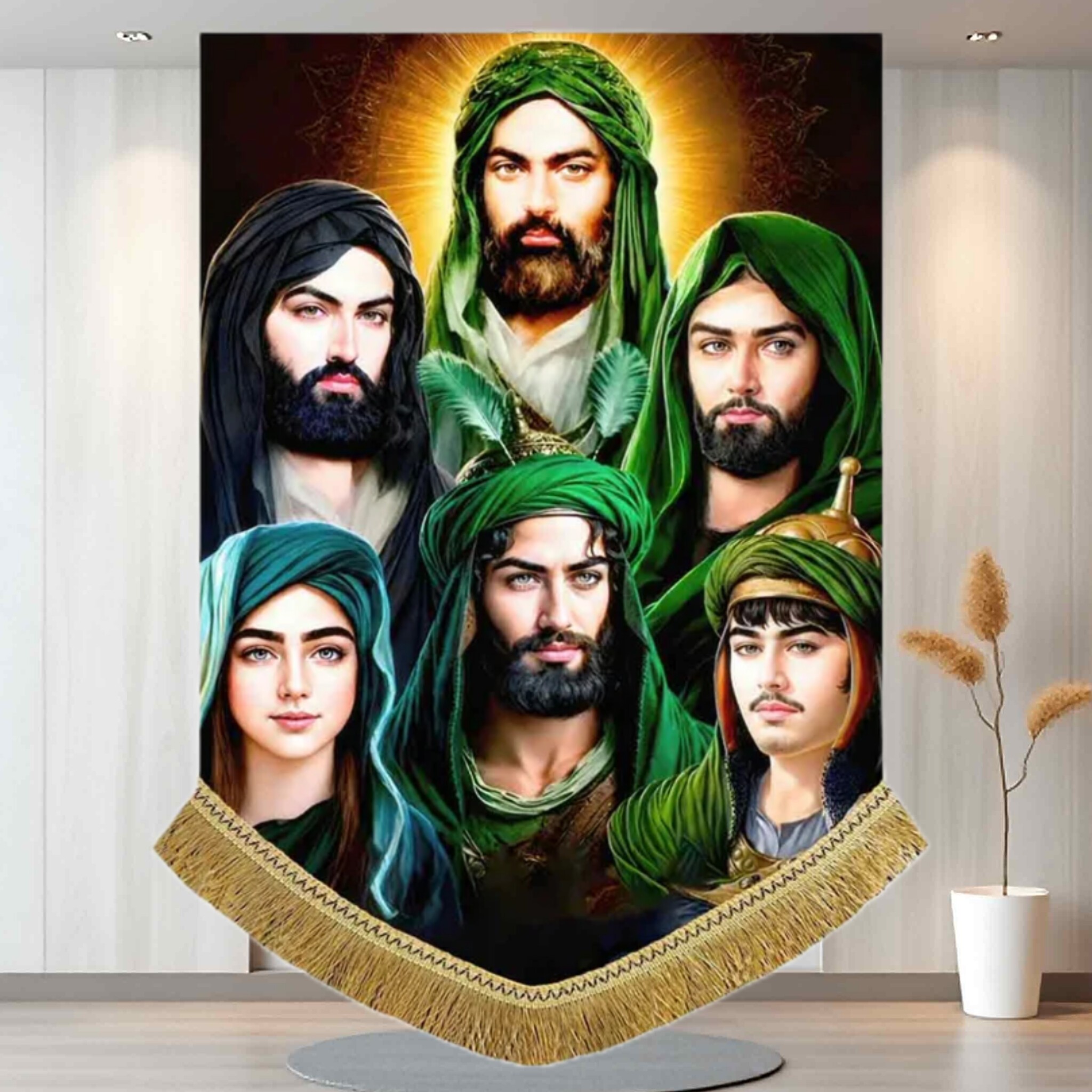 کتیبه مخمل شمایل اهل بیت امام علی و امام حسن و امام حسین