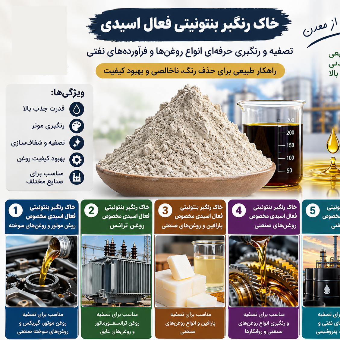 خاک رنگبر بنتونیتی فعال اسیدی مخصوص روغنها و فرآوردههای صنعتی