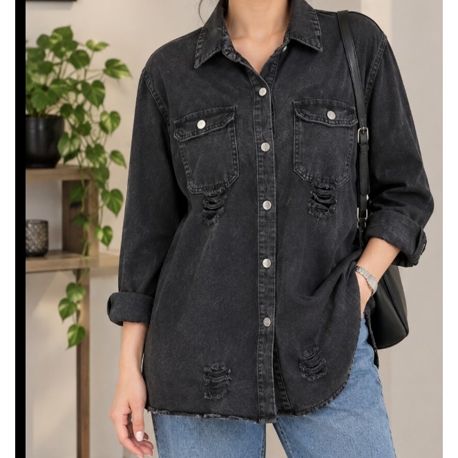 شومیز جین شسته ژاپ دار