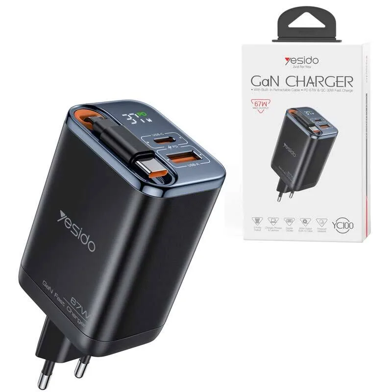 شارژر دیواری 67 وات یسیدو YC100 GaN QC PD 3.35A