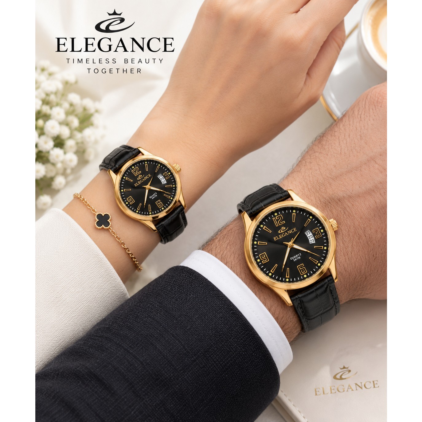ساعت مچی زنانه و مردانه ست الگانس رنگ ثابت ضداب تقویم هلالی بند چرم درجه یک کیفیت عالیELEGANCE
