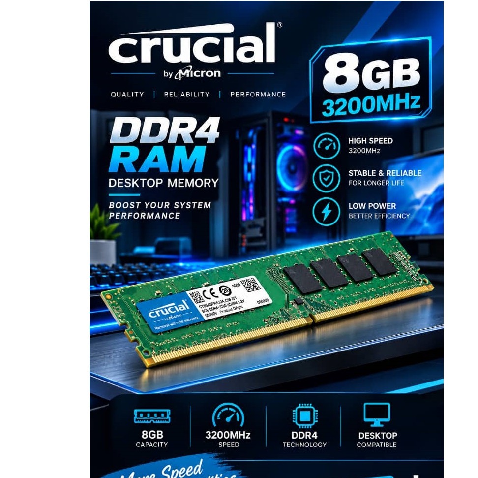 رم دسکتاپ کروشیال DDR4 تک کاناله 8 گیگابایت 3200 مگاهرتزجدید
