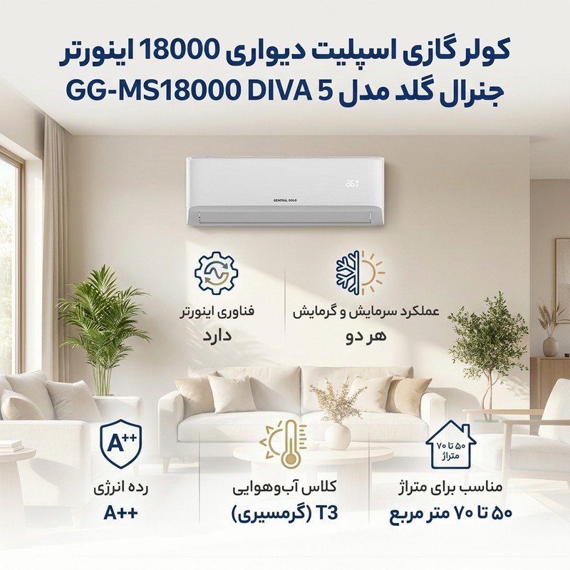 کولر گازی اسپلیت دیواری 18000 اینورتر جنرال گلد مدل GG-MS18000 DIVA 5