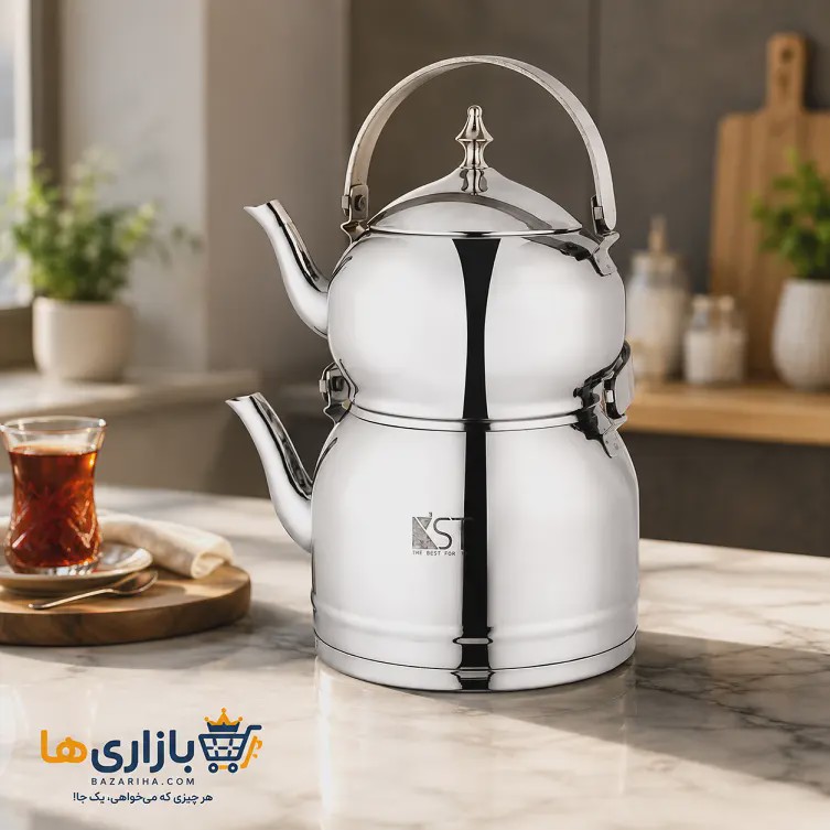 کتری و قوری دسته هلالی استیل KST کد 2028جدید