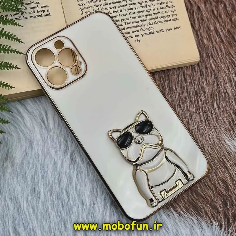 قاب گوشی iPhone 12 Pro Max آیفون طرح ژله ای سگ بولداگ مای کیس گلد لاین دور طلایی محافظ لنز دار سفید کد E42-172016
