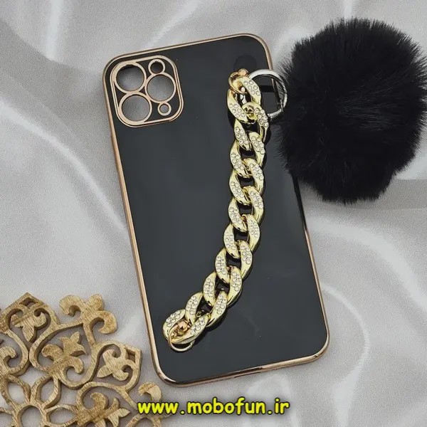 قاب گوشی iPhone 11 Pro Max آیفون طرح مای کیس گلد لاین لاکچری دستبندی کارتیر نگینی پام پام محافظ لنز دار مشکی کد 569