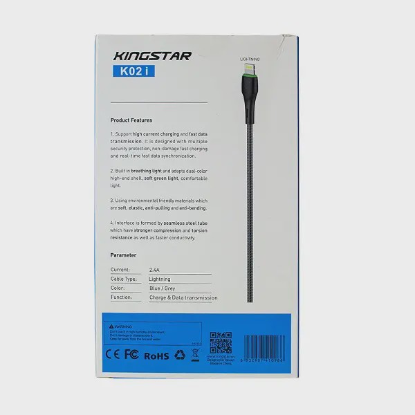 کابل شارژ USB به لایتنینگ کینگ استار KingStar مدل K02i طول 1 متر کد 140963
