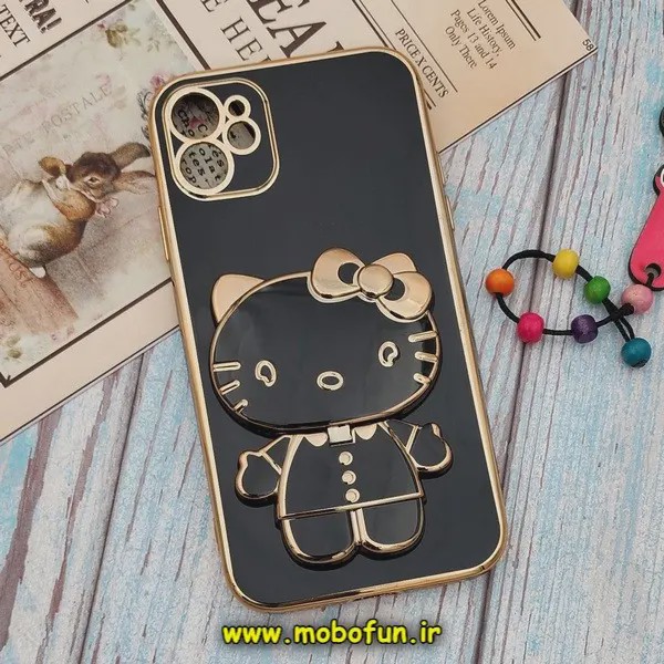 قاب گوشی iPhone 11 آیفون طرح ژله ای کیتی KITTY مای کیس گلد لاین آینه ای دور طلایی محافظ لنز دار مشکی کد E42-172004