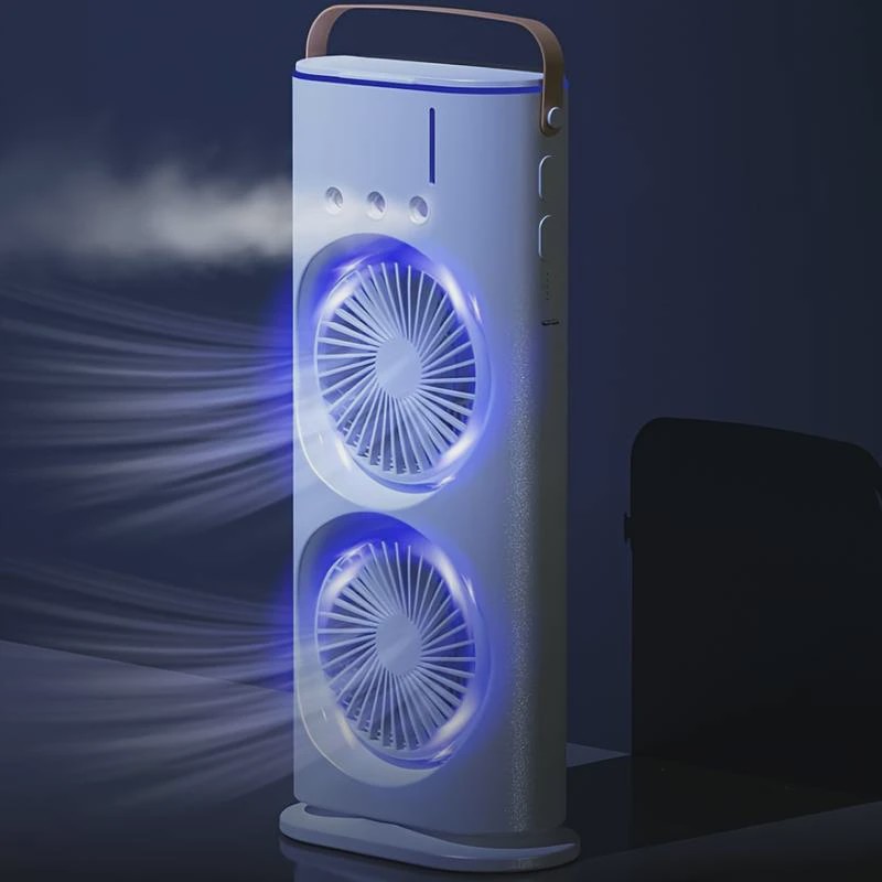 پنکه مه پاش دو فن شارژی رومیزی مدل Double-Ended Spray Fan مه پاش 3 نازله، نور RGB و چرخش 90 درجه