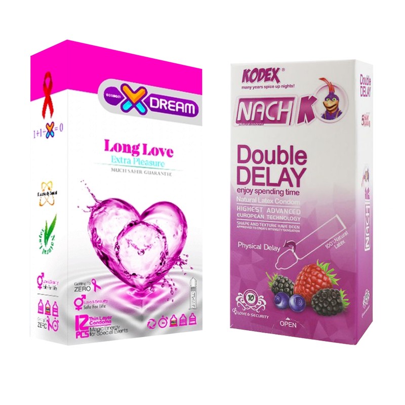 کاندوم ایکس دریم مدل Long Love بسته 12 عددی به همراه کاندوم تاخیری کدکس مدل Double Delay بسته 10 عددی مدل 1جدید