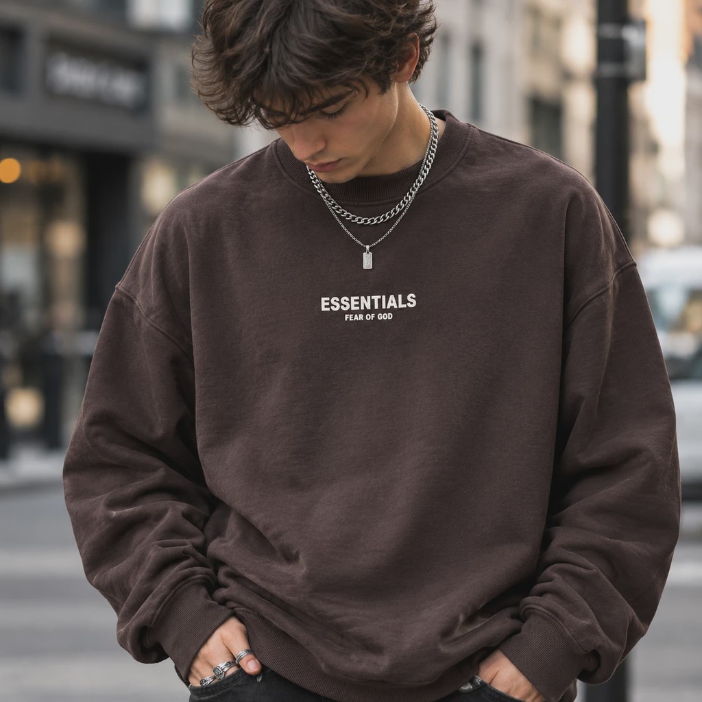 سویشرت دورس پنبه سه نخ قهوه ای موکا لش طرح اسنشالز Hamo Men s Streetwear Crewneckجدید