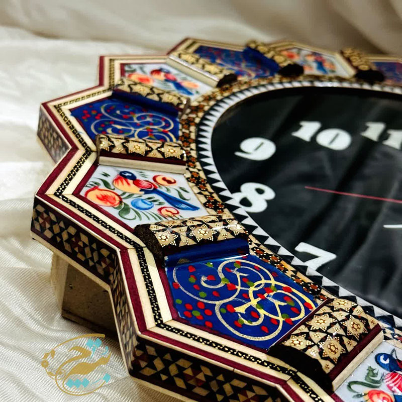 ساعت خورشیدی خاتم کاری گل ومرغ باصفحه مشکی