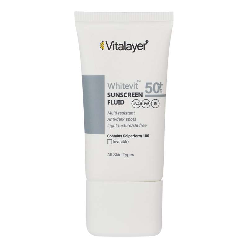 فلوئید ضدآفتاب بی رنگ ویتالیر SPF 50 مدل Whitevit مناسب انواع پوست حجم 50 میلی لیتر