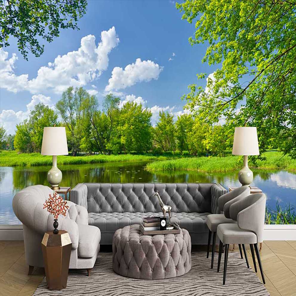 پوستر دیواری دریاچه و درختان با آسمان آبی کد N-6268