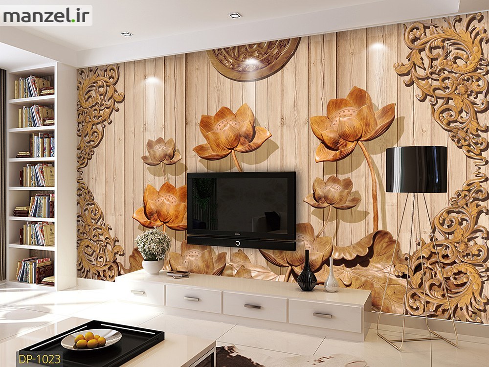 پوستر دیواری سه بعدی گل با پس زمینه دیوار طرح چوب کد DP-1023