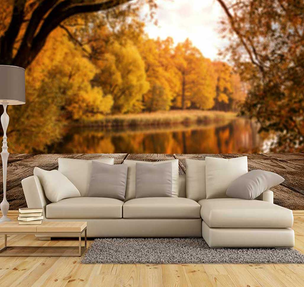 پوستر دیواری رودخانه و جنگل پاییزی با رنگهای گرم کد N-6381