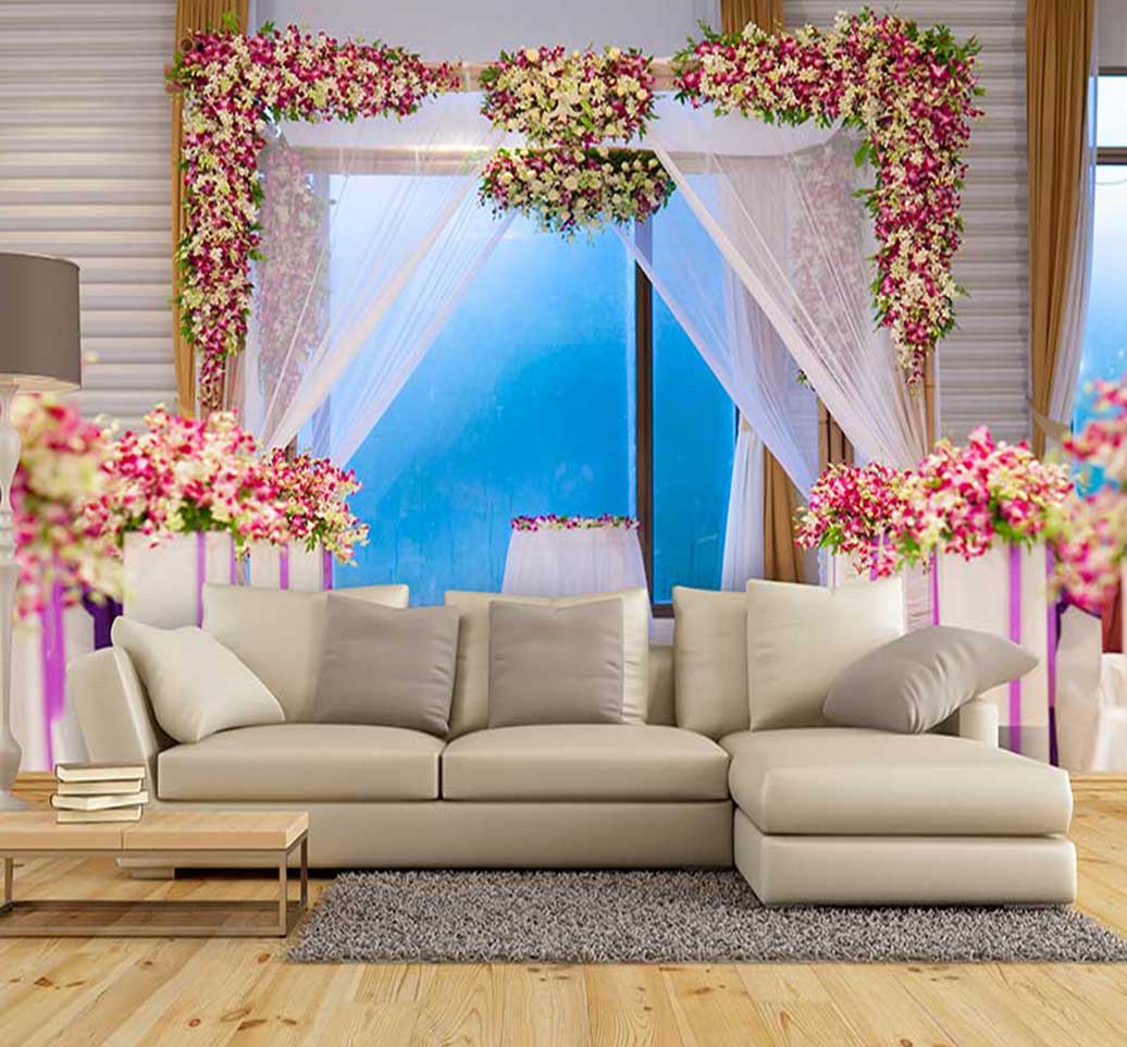 پوستر دیواری سه بعدی گلهای سفید و صورتی با جلوه لطیف: کد N-7285