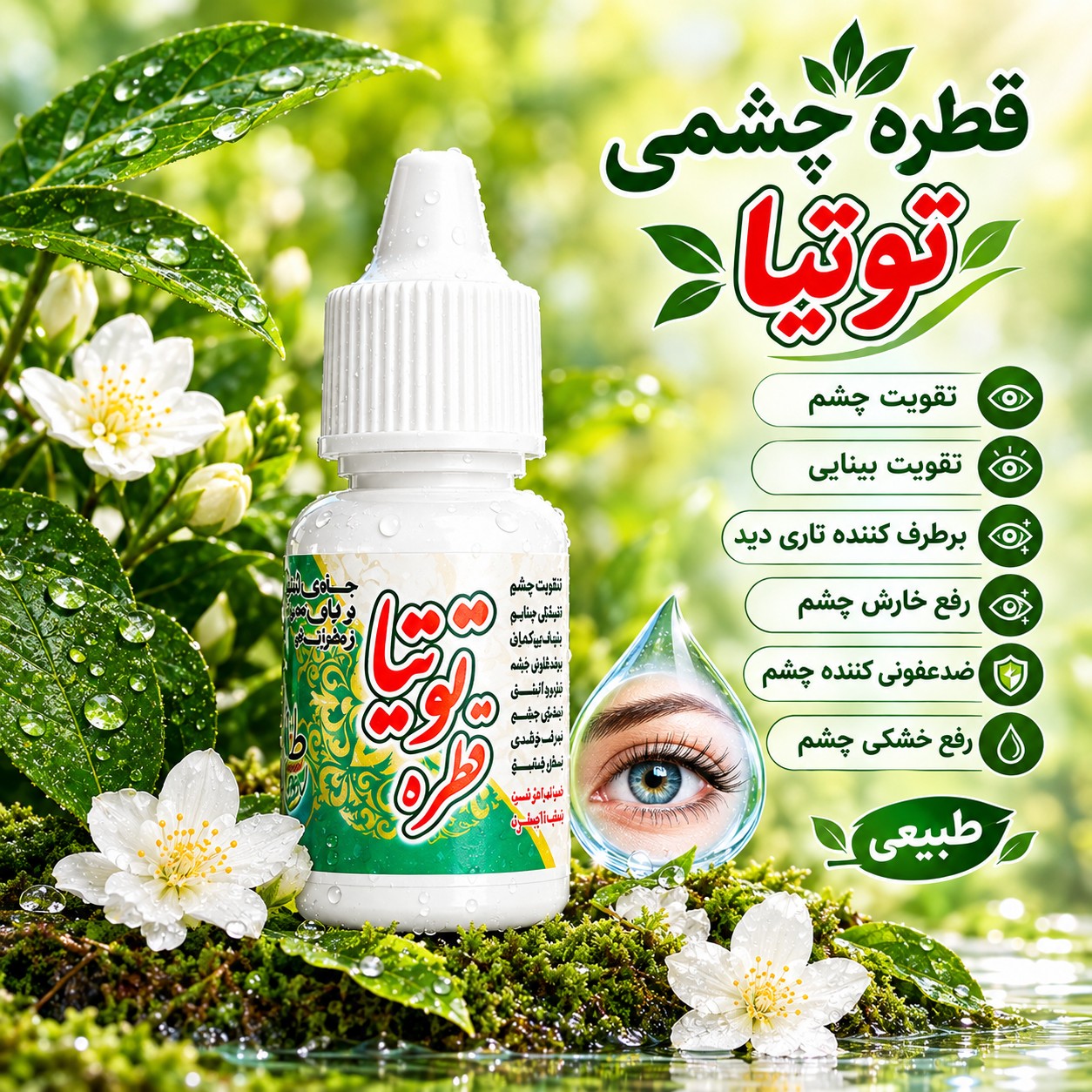 قطره چشمی توتیا، تقویت چشم، تقویت بینایی، برطرف کننده تاری دید، رفع خارش چشم، ضدعفونی کننده چشم، رفع خشکی چشم