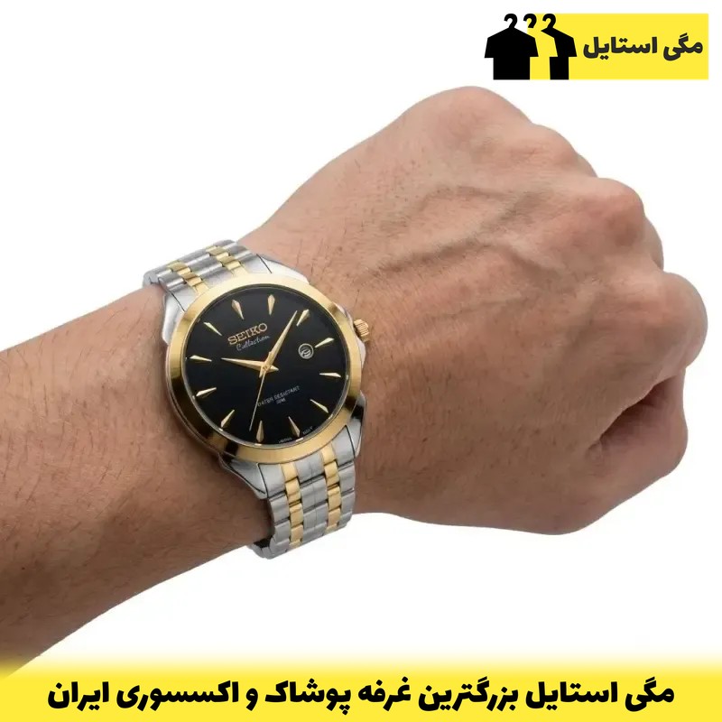 ساعت مردانه سیکو کالکشن استیل طلایی صفحه مشکی موتور کوارتز ژاپن تقویمدار